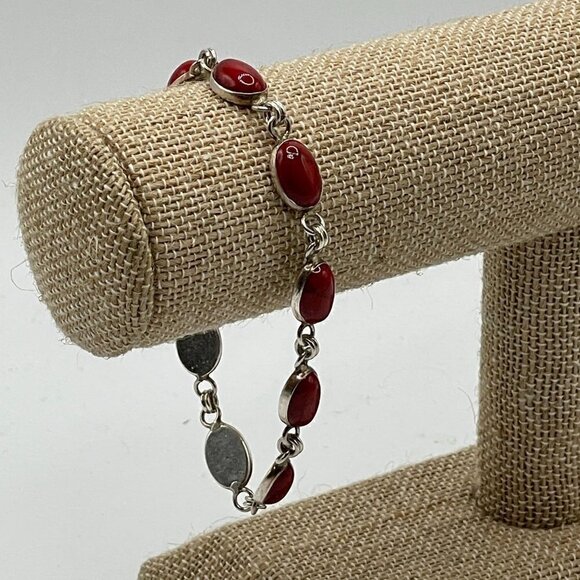 Red Jasper Cabochon .925 Sterling Silver Bezel Set Link Bracelet 7.5" Artisan - Picture 4 of 10